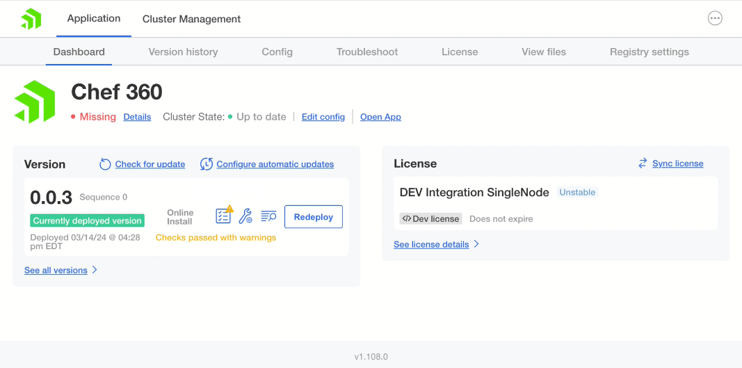 Chef 360 Platform admin console dashboard showing currently deployed version and Configure automatic updates link.